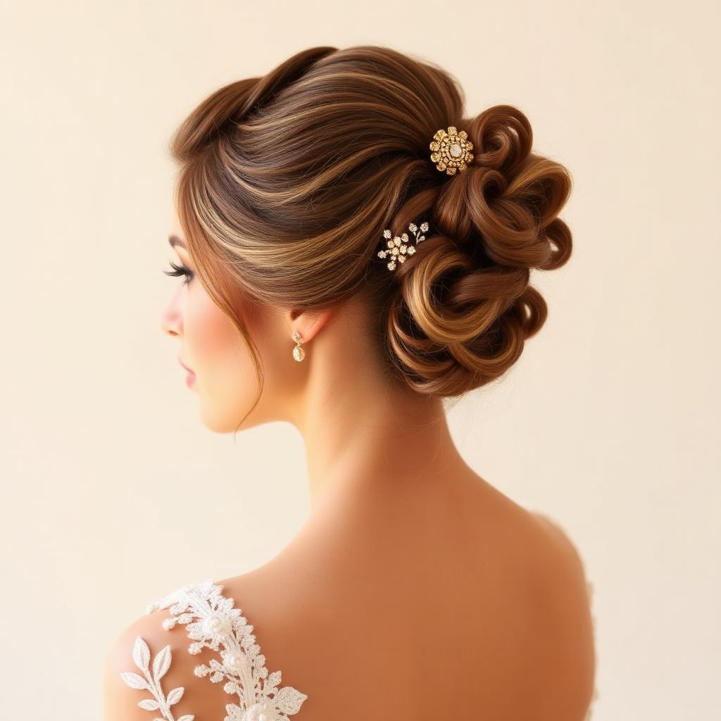 Bridal updo with soft curls and a gold hair pin