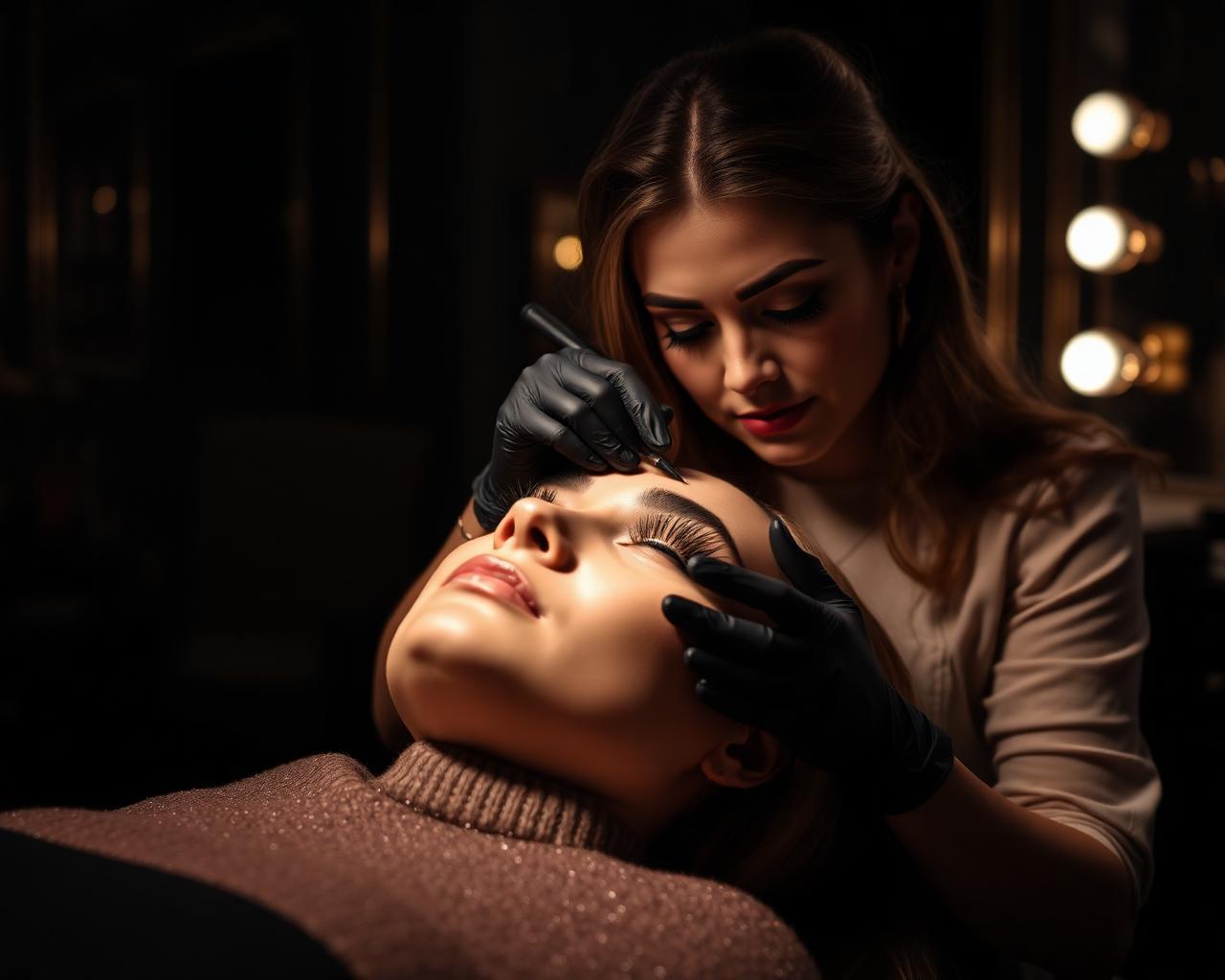 Lash artist applying eyelash extensions to a client in the studio